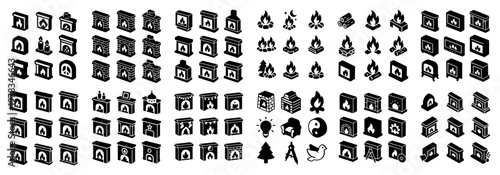 Home icons with fireplace flame and folder outline