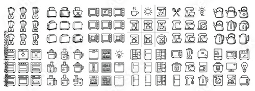 Kitchen icons with toaster blender kettle outline