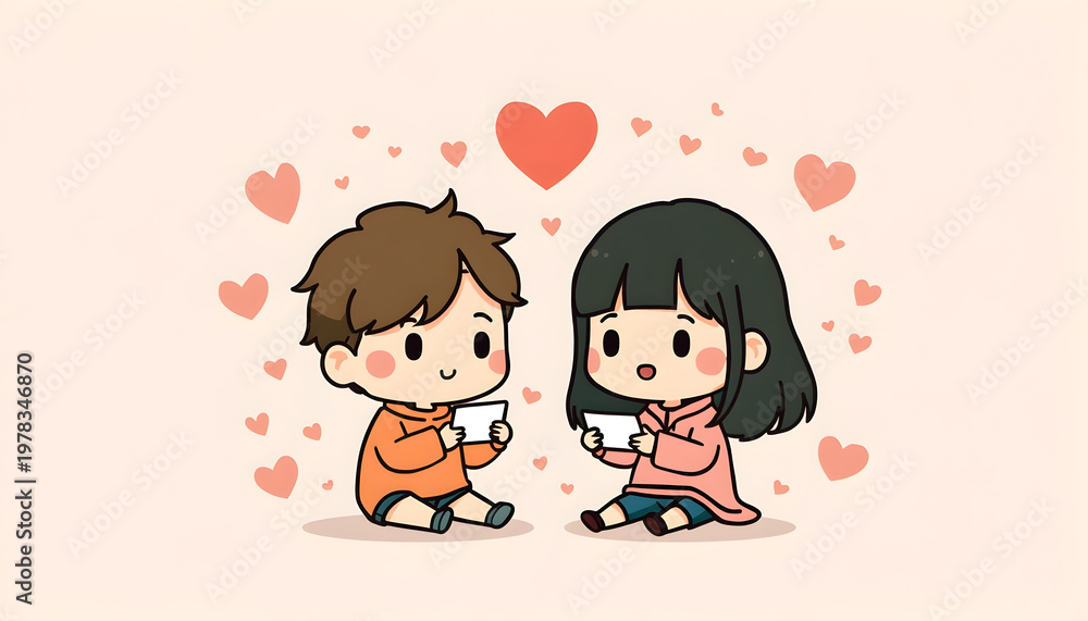 Naklejka premium Cute Cartoon Boy and Girl with Heart for Valentine’s Day 💕 