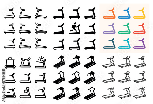 Fitness icons with treadmill runner machine outline