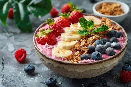 A colorful smoothie bowl topped with fresh strawberries, sliced bananas, blueberries, and granola