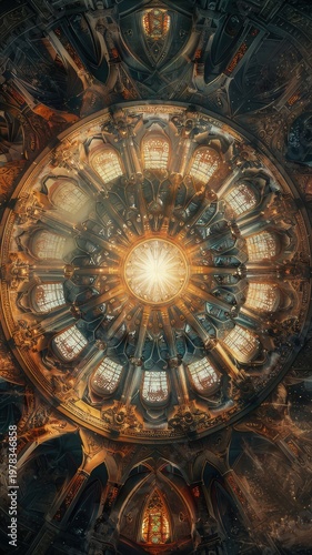 A detailed, ornate circular rose window radiates golden light from its intricate center. 