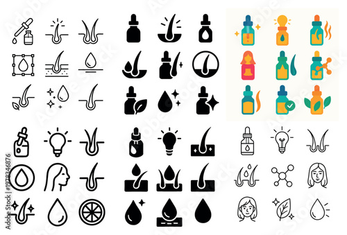 Haircare icons with dropper bottle hair strand minimal