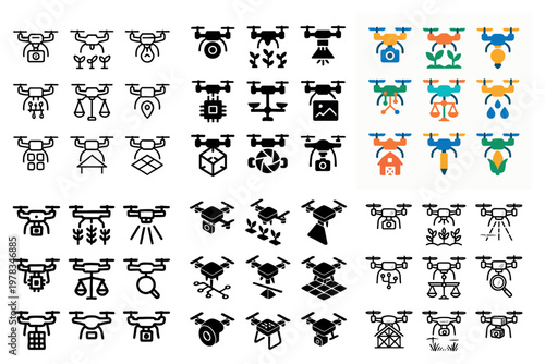 Drone icons with camera package sensor flat