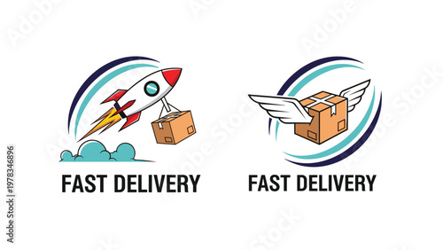 Collection of fast delivery icons featuring a rocket transporting a package and a cardboard box with wings for express shipping services.