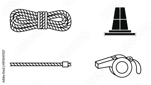 Sports Gear: Essential equipment for an active lifestyle, featuring a coil of rope, a construction cone, a length of cable, and a referee whistle.