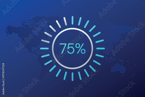 75 percent circle chart symbol. Vector infographic sign. Dotted World Map background. Illustration for business, finance, report, web design, presentation, market share