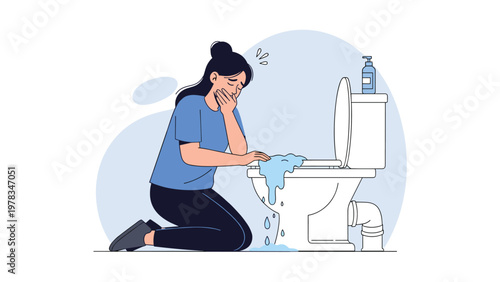 Sick woman kneeling on the floor next to a toilet while feeling nausea or vomiting as a symptom of food poisoning or morning sickness.
