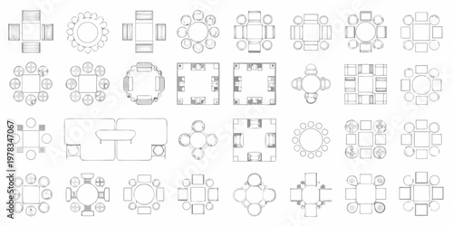 Assortment of furniture arrangements viewed from directly above
