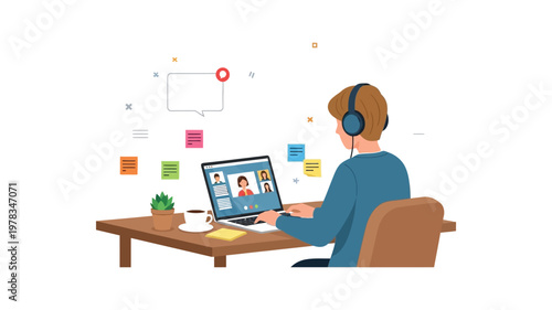 Remote worker with laptop and headset.