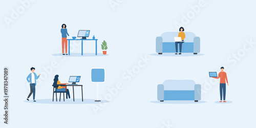 People collaborating and working remotely in a modern colorful office setting