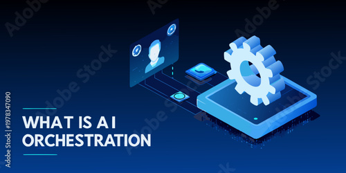 Isometric illustration depicting artificial intelligence orchestration and data processing