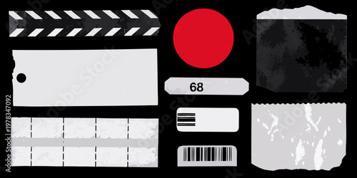 Assorted film strips labels and shapes on a dark background