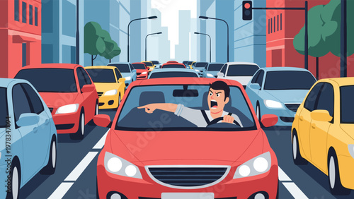 Angry male driver shouting and pointing while stuck in a heavy city traffic jam during rush hour as a representation of road rage.