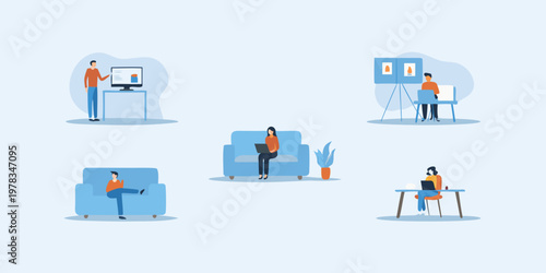 People working remotely in a modern colorful and minimalist style