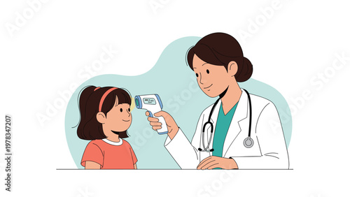 Professional female doctor using an infrared thermometer to check the body temperature of a young girl during a medical examination.