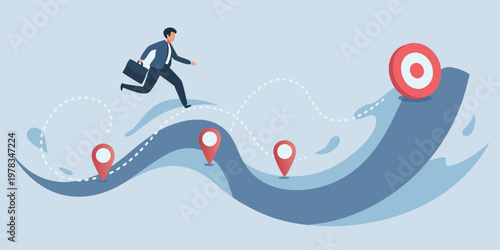 A businessman navigates a winding path towards a target goal