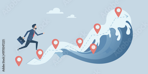 Businessman navigating a wave shaped path marked with location pins