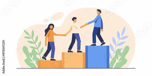 People helping each other climb stepping stones towards success