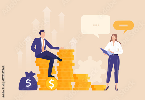 Bankers, clobal finance profesionals, business people and adviserd talking next to golden coins. Growth, investment, saving stratergy concept 