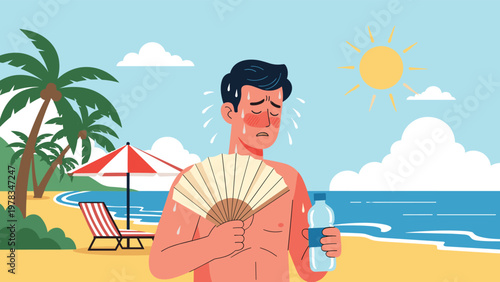 Man feeling exhausted and sweaty on a sunny tropical beach while using a hand fan and holding water to cope with extreme summer heat.