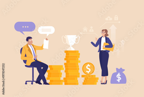 Bankers, clobal finance profesionals, business people and adviserd talking next to golden coins. Growth, investment, saving stratergy concept 