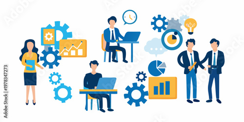 Teamwork and innovation concept with people charts and technology