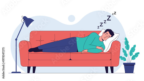 Man sleeping peacefully on a comfortable red sofa in his living room while resting and recovering energy after a long day of work.