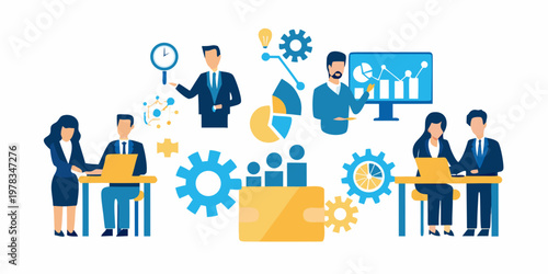 Business professionals collaborating and analyzing data with various tools