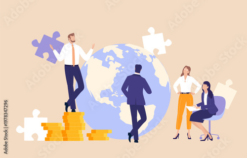 Bankers, clobal finance profesionals, business people and adviserd talking next to golden coins. Growth, investment, saving stratergy concept 