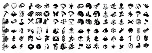 Adventure icons with mountain tent compass bold