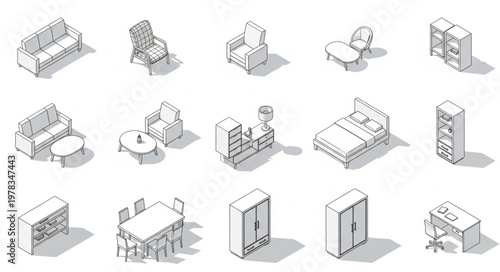 Collection of isometric furniture drawings in black and white.