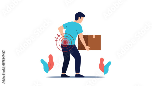 Man experiencing sharp lower back pain while lifting a heavy cardboard box to illustrate the risk of improper lifting techniques and injury.