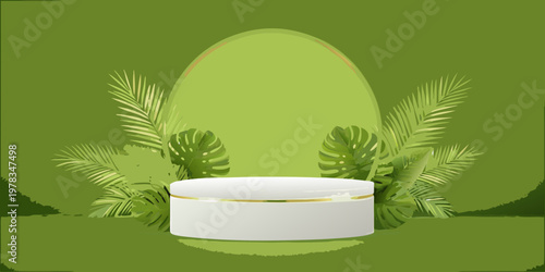 Minimalist product display with tropical leaves and a white pedestal
