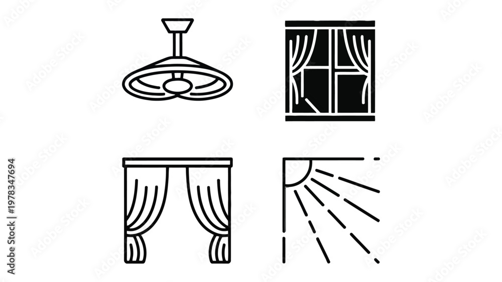 Naklejka premium Interior Design Elements: A set of simple line drawings depicting essential elements of interior design, perfect for illustrating concepts of home decor and architectural aesthetics.