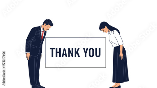 Man and woman in business attire bowing deeply behind a large Thank You sign to express gratitude and respect to customers or partners.