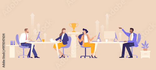 Business professionals working at desks while talking and collaborating, symbolizing teamwork, communication, productivity, and daily activity in a modern office environment.
