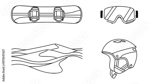 Snowboarding Essentials: A top-down view of a snowboard, ski goggles, helmet and mountain design, capturing the thrill of the slopes, mountain and alpine sports. 
