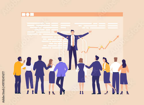 A businessman with open hands addressing an audience during a meeting, symbolizing good news, success announcement, leadership, communication, and positive corporate outcomes.