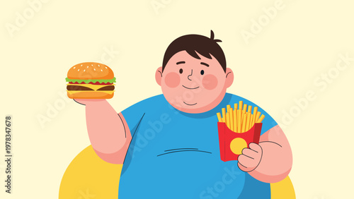 Overweight boy holding a large hamburger and a box of french fries representing unhealthy eating habits and childhood obesity concerns.