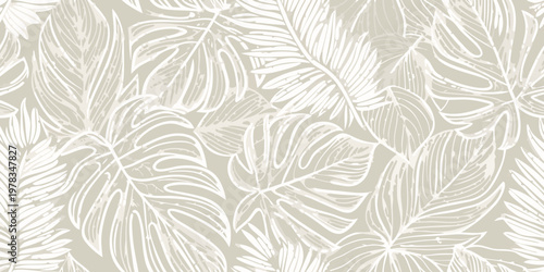 Subtle tropical leaves create a seamless neutral toned wallpaper pattern