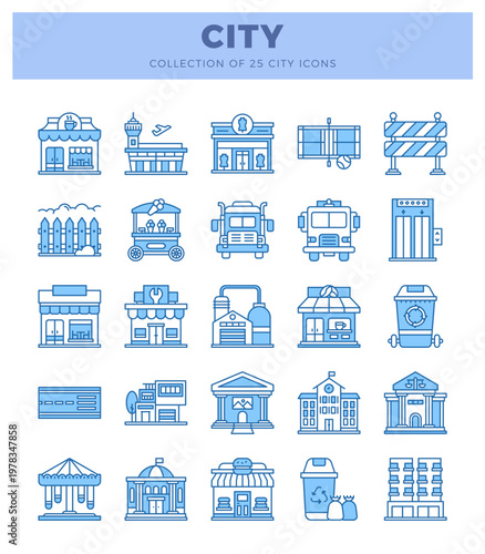 Collection of city icons in blue outline style on white background