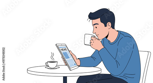 Illustration of a person read news on tablet while enjoy a cup of coffee at table