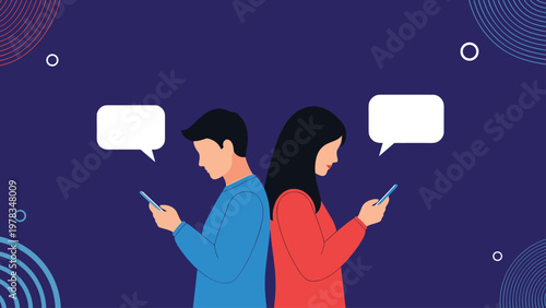 Man and woman standing back to back looking at their mobile phones with empty speech bubbles above them illustration.