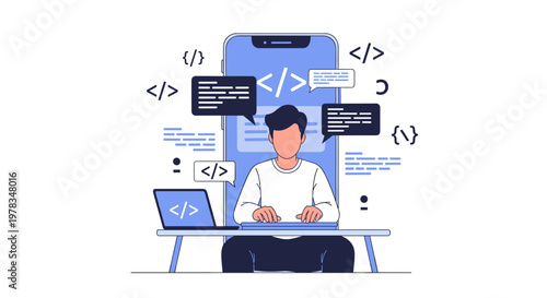 Illustration of a software developer debugging mobile application code on a smartphone