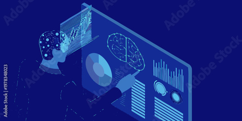 Artificial intelligence interface displaying a human brain and data analysis
