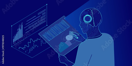 A futuristic depiction of a human interacting with ai data projections