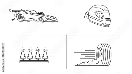 Racing Elements Illustration: A stylized illustration presents essential elements of the racing world, showcasing a race car, helmet, and tire emitting smoke.