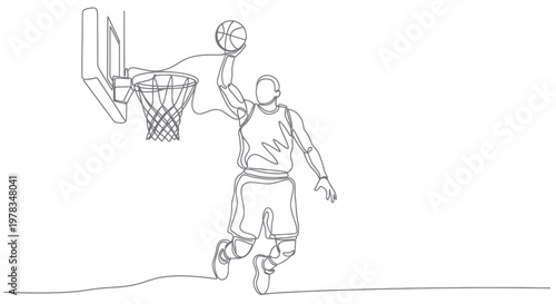 Continuous line drawing of basketball player dunking on white background