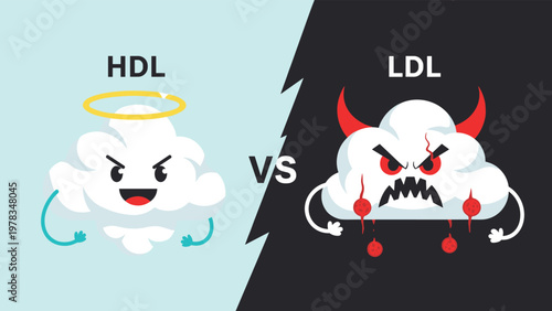 Comparison of HDL good cholesterol as an angel cloud versus LDL bad cholesterol as a devil cloud character illustration.